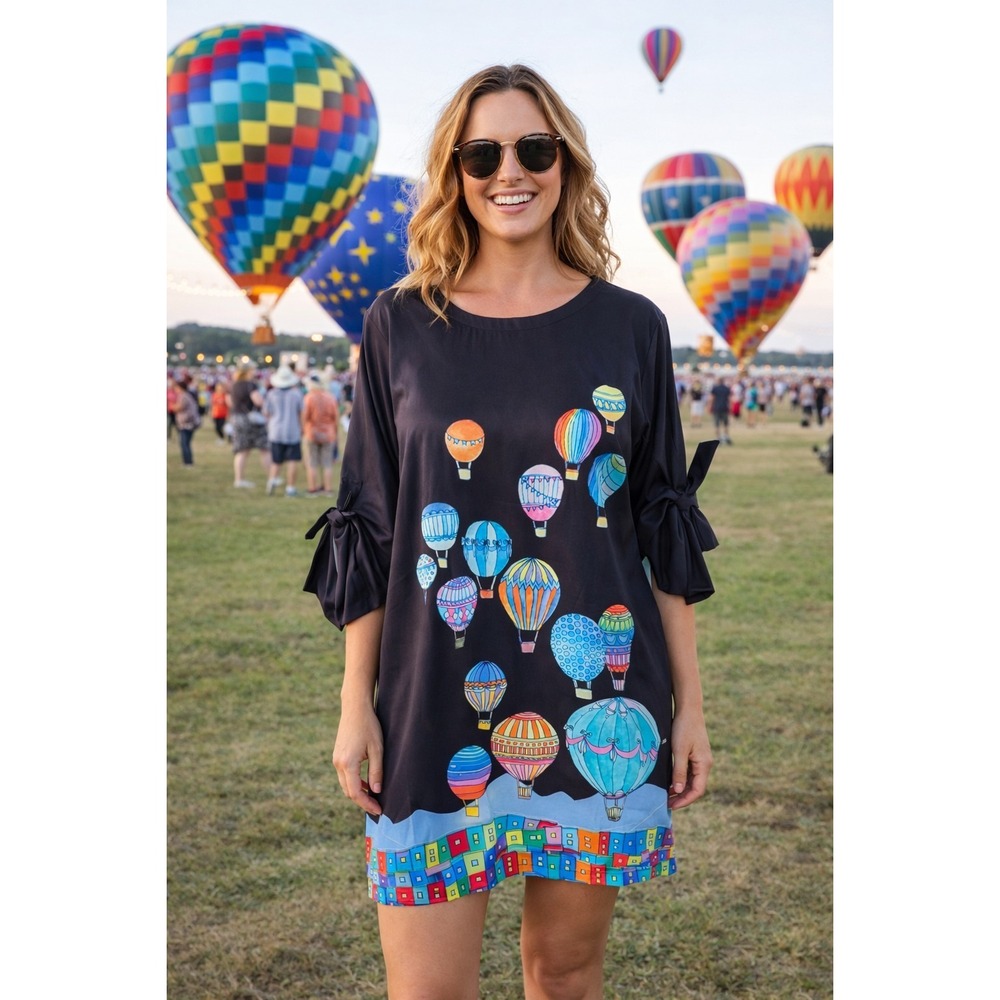 Black Hot Air Balloon Print Tie-Sleeve Dress